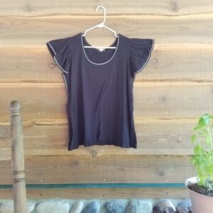 MAX STUDIO Plus Size Black Flutter Sleeve Blouse W White Stitch Embellishments